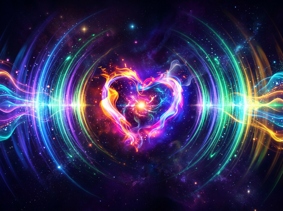 Bright neon heart-shaped energy wave surrounded by colorful cosmic light rings